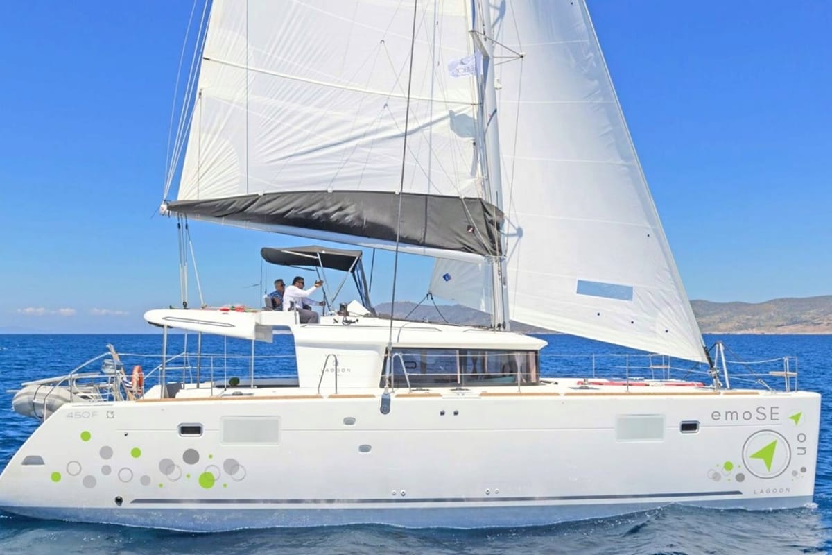 Exterior view of Emoseaon, a Lagoon 450 F catamaran at Municipal Unit of Lefkada, Greece