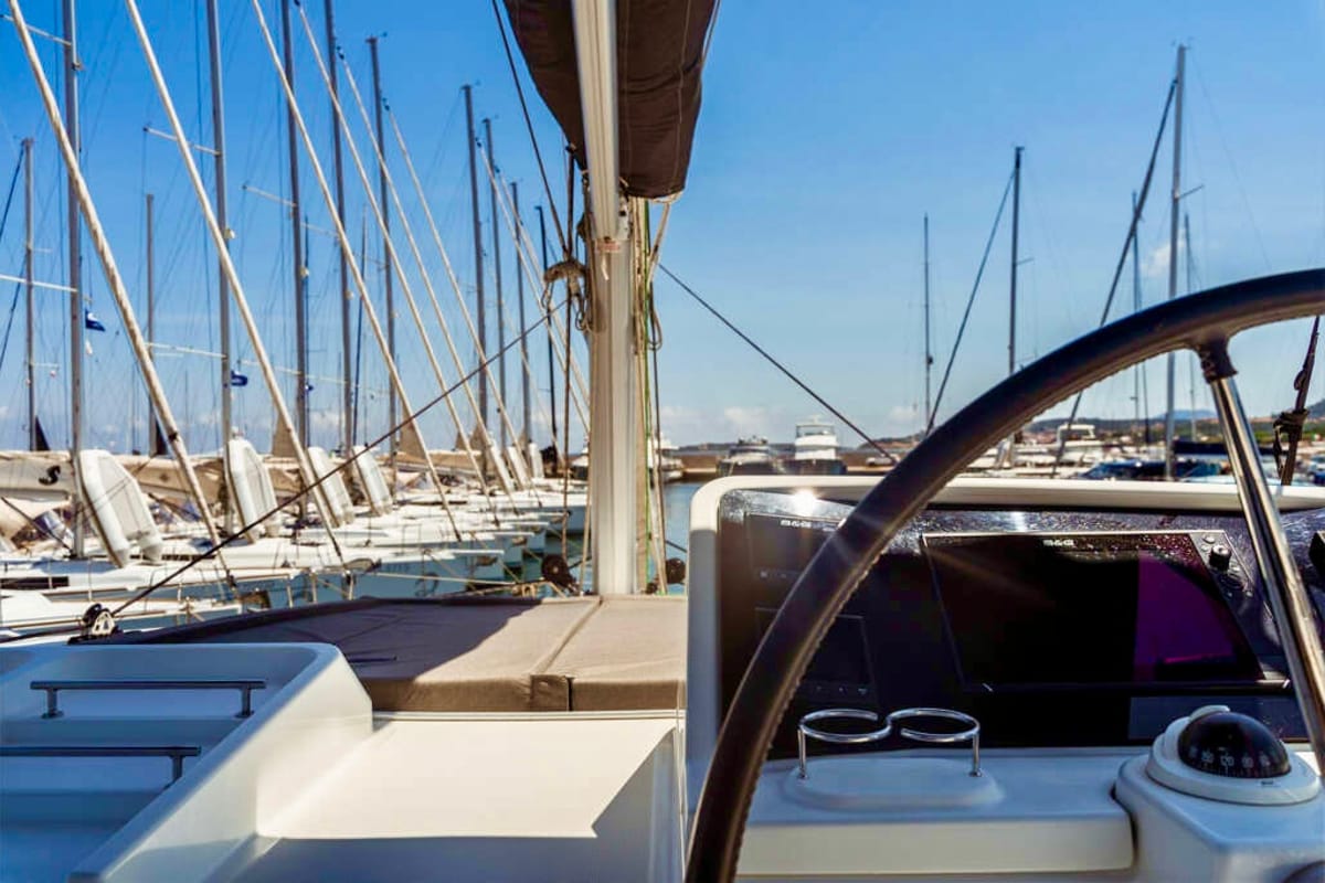Cockpit of Emoseaon, a Lagoon 450 F catamaran at Municipal Unit of Lefkada, Greece