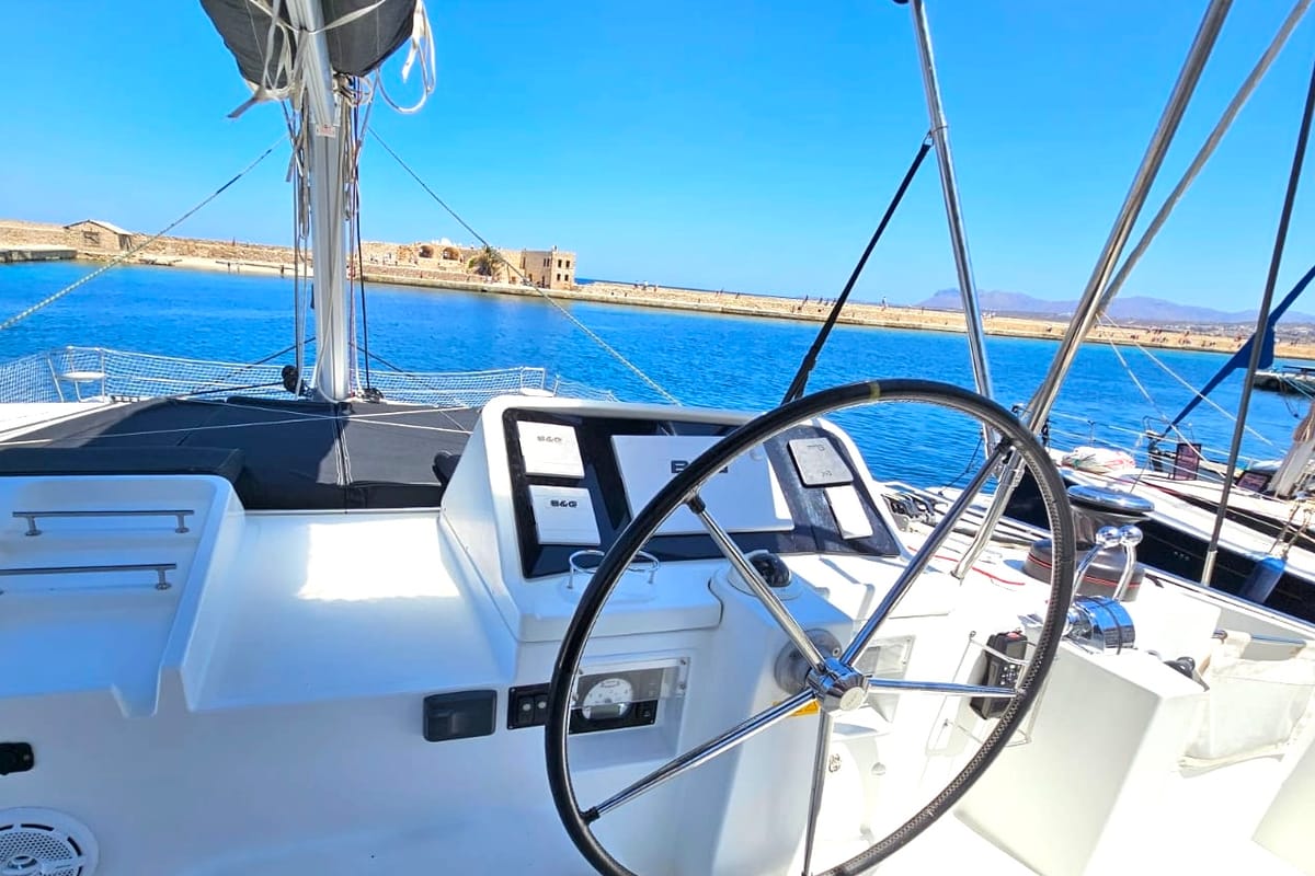 Cockpit of Emoseaon, a Lagoon 450 F catamaran at Municipal Unit of Lefkada, Greece
