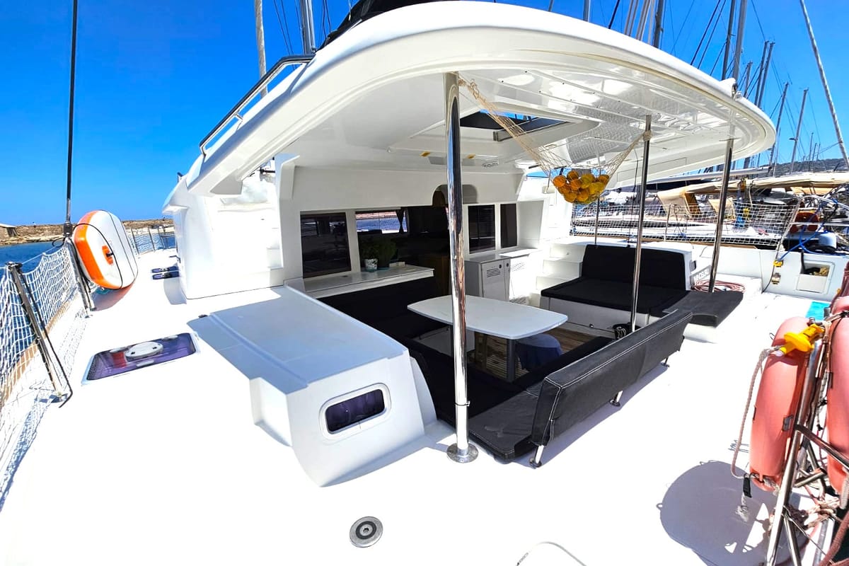 Deck of Emoseaon, a Lagoon 450 F catamaran at Municipal Unit of Lefkada, Greece