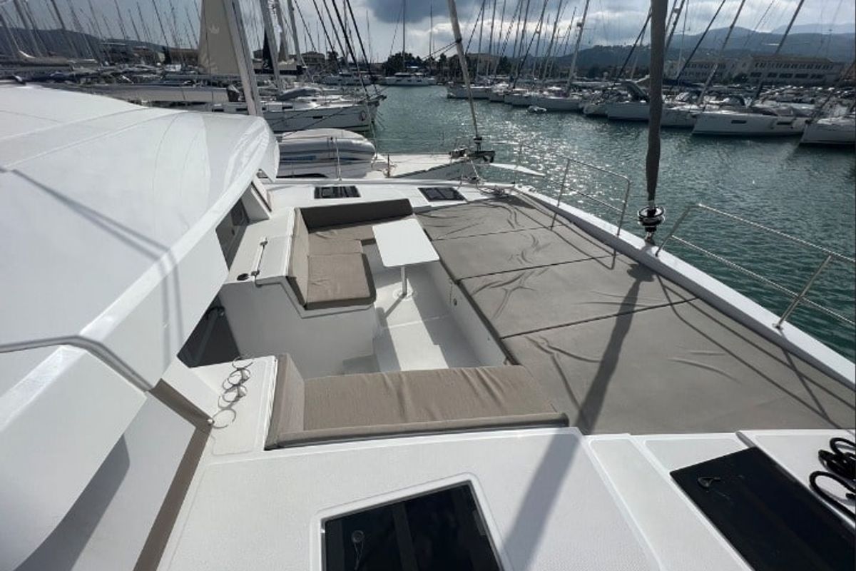 Deck of Blue Diamond, a Bali 4.4 catamaran at Municipal Unit of Lefkada, Greece