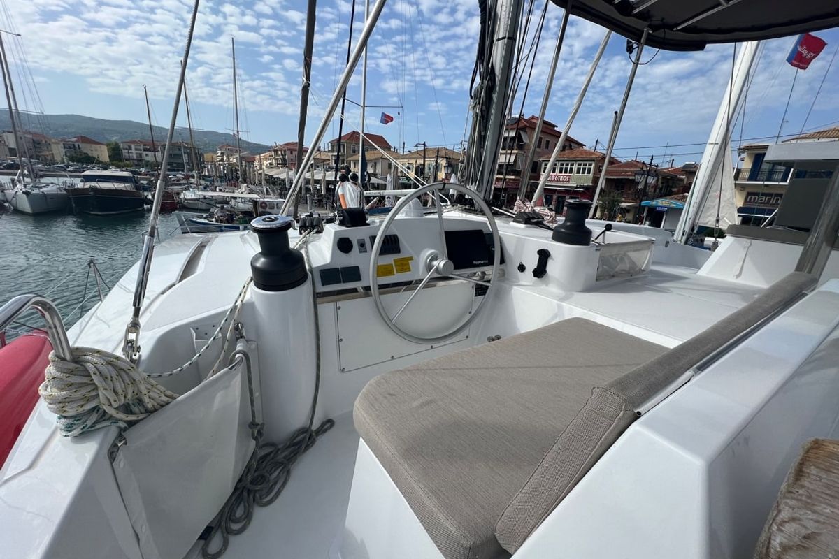 Cockpit of Blue Diamond, a Bali 4.4 catamaran at Municipal Unit of Lefkada, Greece