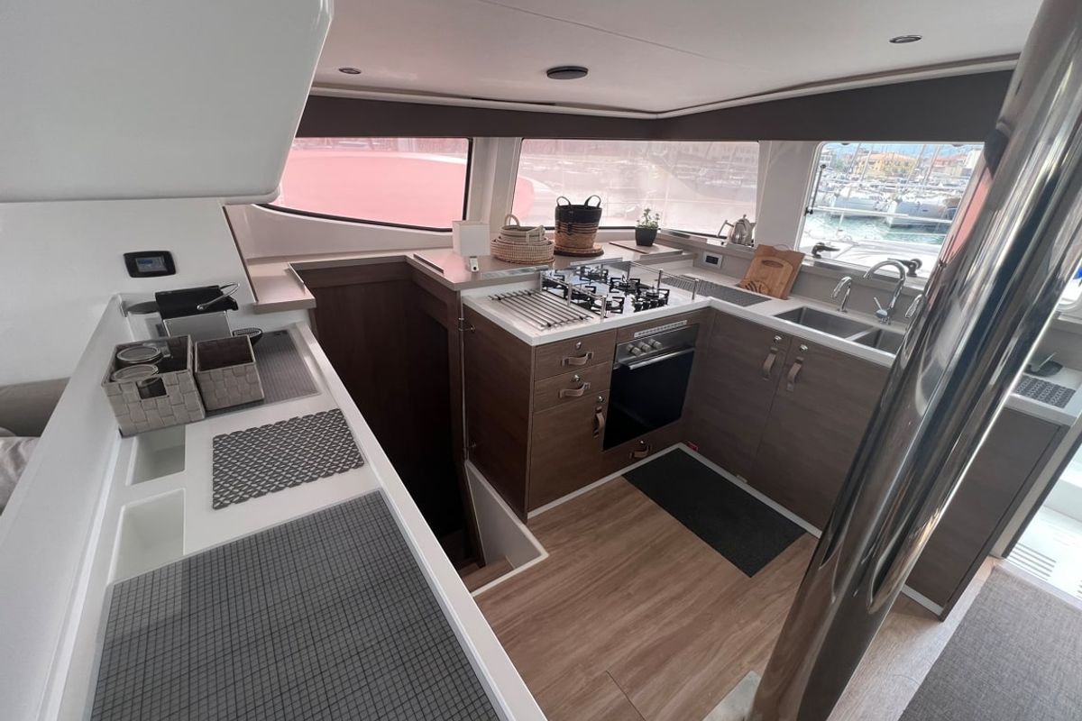 Galley of Blue Diamond, a Bali 4.4 catamaran at Municipal Unit of Lefkada, Greece