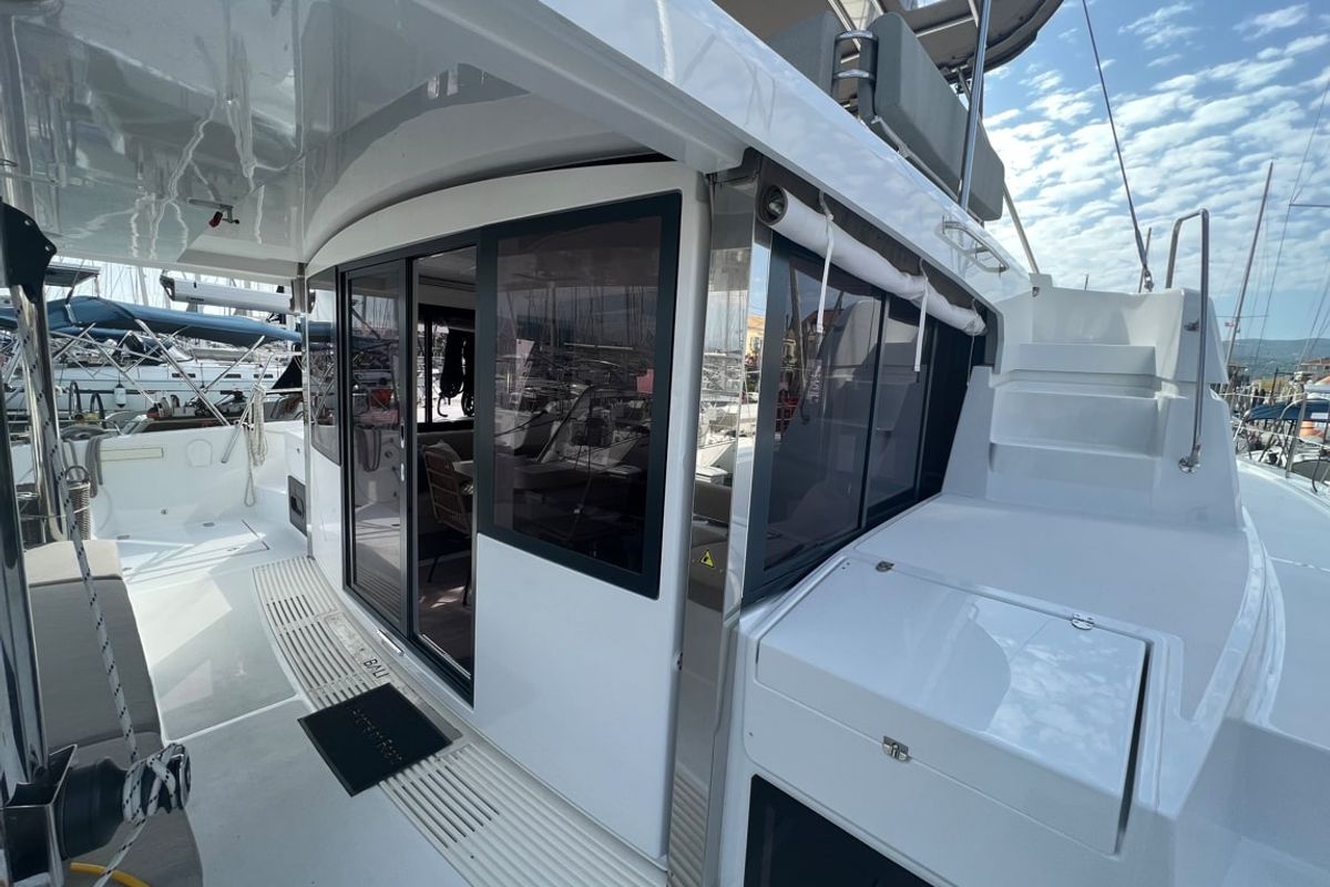Deck of Blue Diamond, a Bali 4.4 catamaran at Municipal Unit of Lefkada, Greece