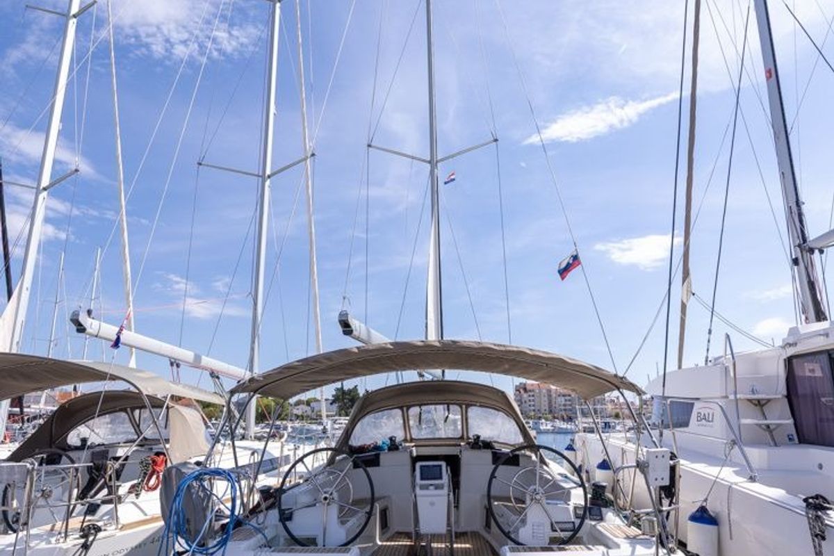 Exterior view of Una Bella Ria, a Jeanneau Sun Odyssey 449 sailboat at Izola / Isola, Slovenia