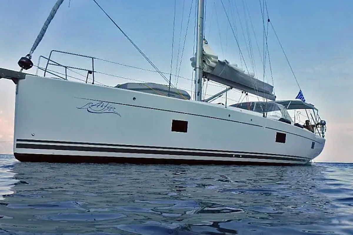 Exterior view of Aktea, a Hanse Yachts Hanse 508 sailboat at Lavreotiki Municipal Unit, Greece