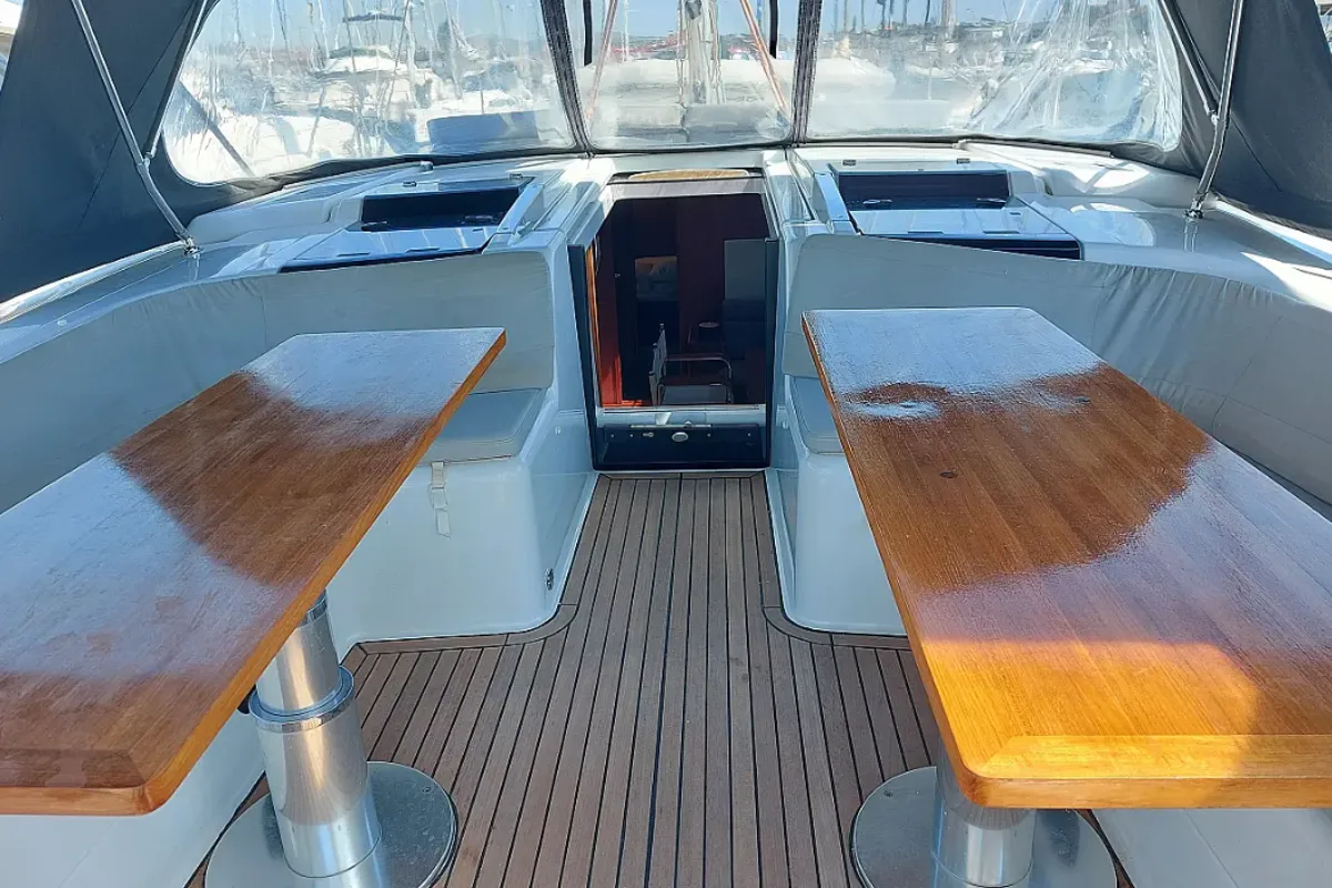 Deck of Aktea, a Hanse Yachts Hanse 508 sailboat at Lavreotiki Municipal Unit, Greece
