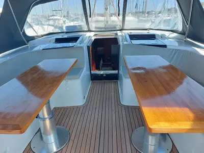 Deck of Aktea, a Hanse Yachts Hanse 508 sailboat at Lavreotiki Municipal Unit, Greece