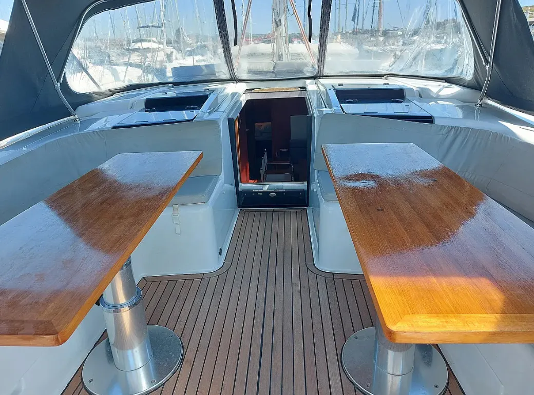 Deck of Aktea, a Hanse Yachts Hanse 508 sailboat at Lavreotiki Municipal Unit, Greece