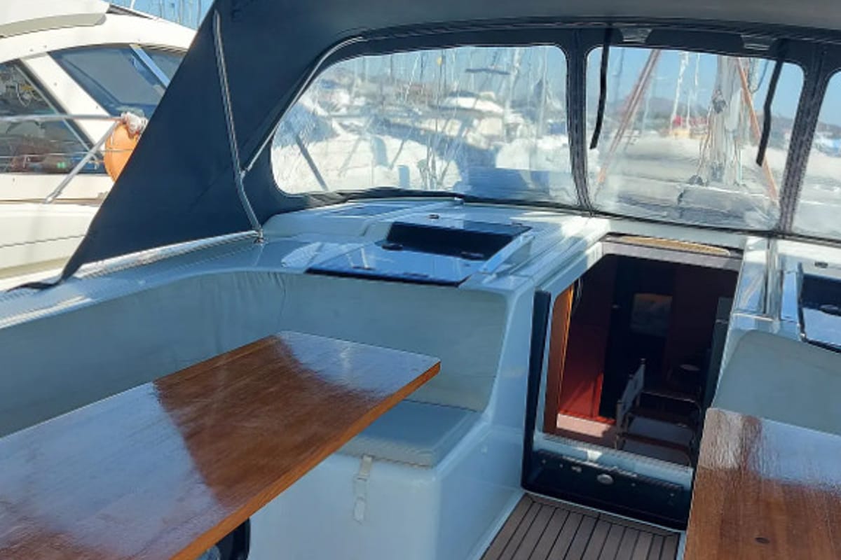 Deck of Aktea, a Hanse Yachts Hanse 508 sailboat at Lavreotiki Municipal Unit, Greece