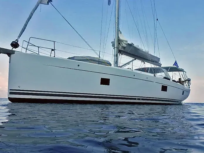 Exterior view of Aktea, a Hanse Yachts Hanse 508 sailboat at Lavreotiki Municipal Unit, Greece