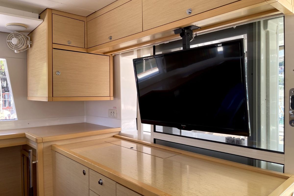 Salon of AF-L450F, a Lagoon 450 Fly catamaran at Athens, Greece