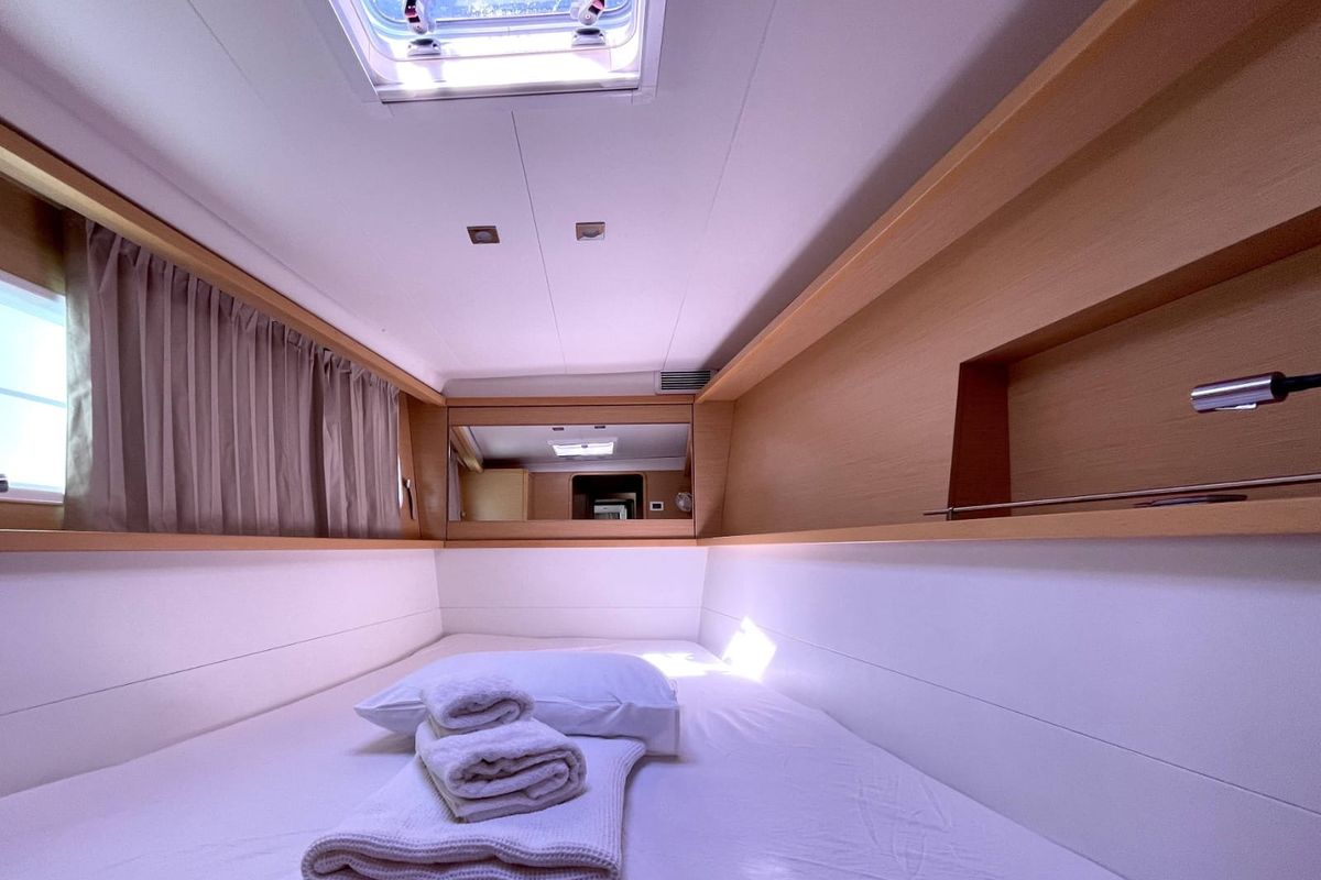 Cabin on AF-L450F, a Lagoon 450 Fly catamaran at Athens, Greece