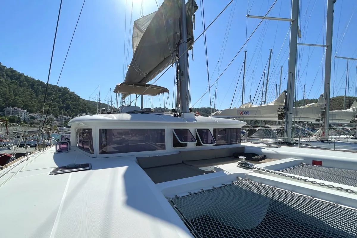 Deck of AF-L450F, a Lagoon 450 Fly catamaran at Athens, Greece