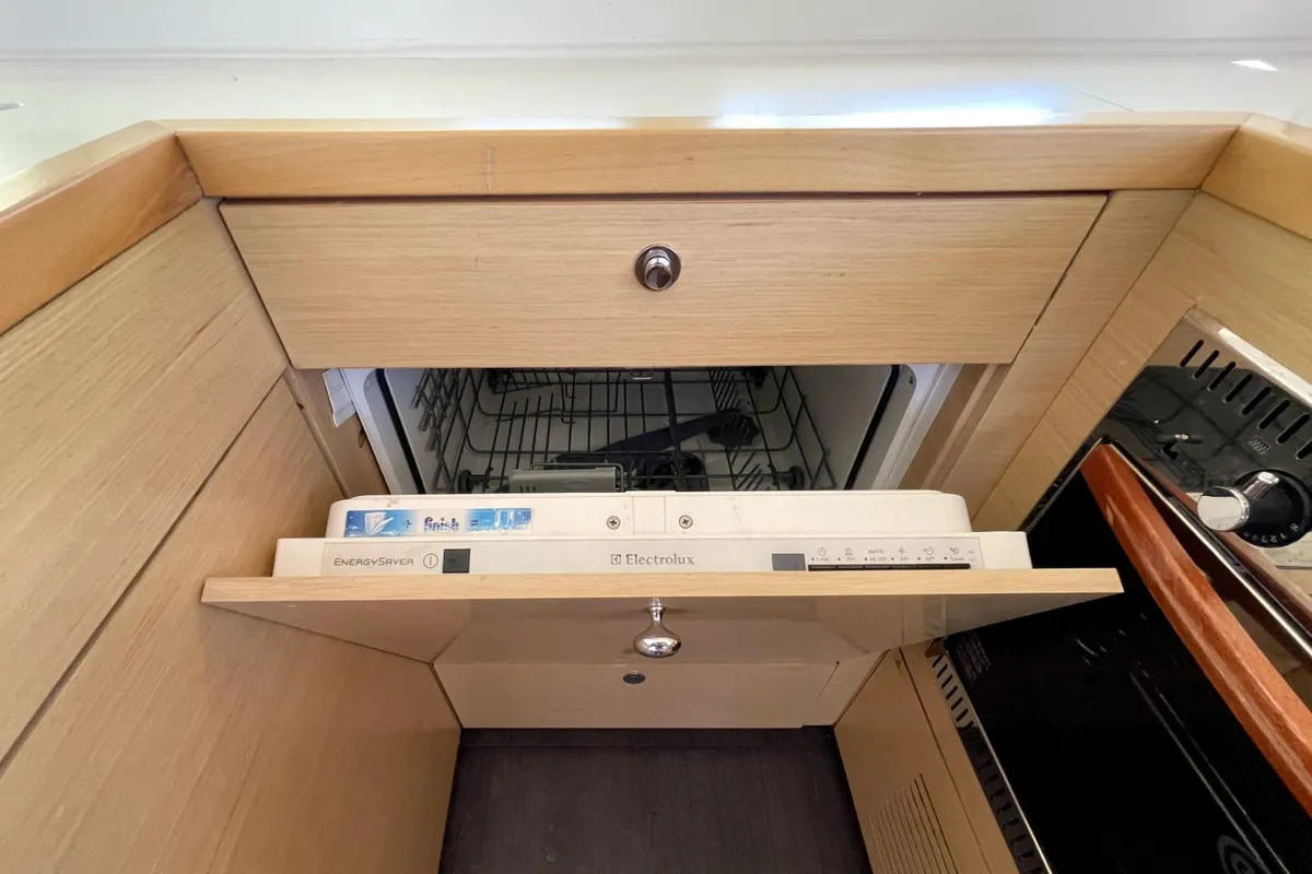 Galley of AF-L450F, a Lagoon 450 Fly catamaran at Athens, Greece