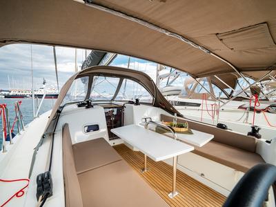 Cockpit of Filippos II, a Jeanneau Sun Odyssey 380 sailboat at Kos, Greece