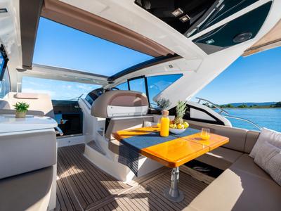 Deck of Principote, a Cranchi M44 HT motorboat at Grad Kaštela, Croatia