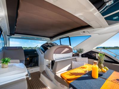Cockpit of Principote, a Cranchi M44 HT motorboat at Grad Kaštela, Croatia