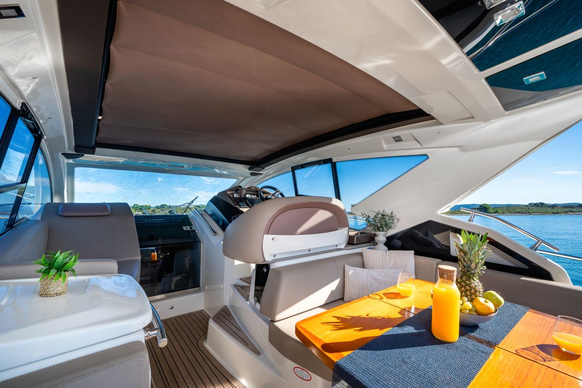 Cockpit of Principote, a Cranchi M44 HT motorboat at Grad Kaštela, Croatia