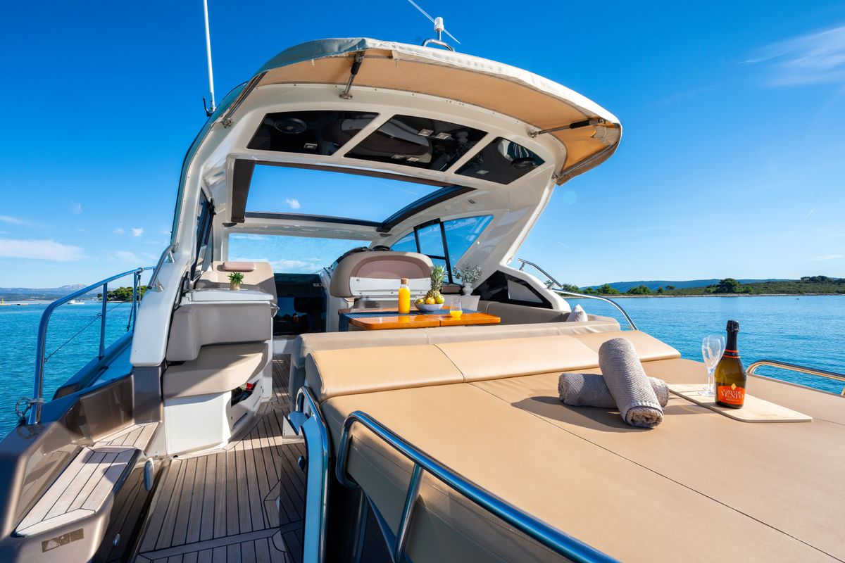 Deck of Principote, a Cranchi M44 HT motorboat at Grad Kaštela, Croatia