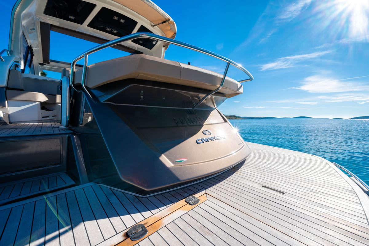 Deck of Principote, a Cranchi M44 HT motorboat at Grad Kaštela, Croatia