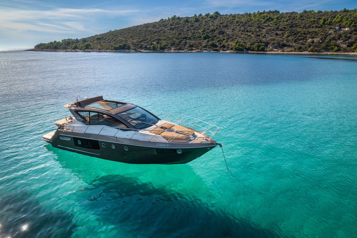 Exterior view of Principote, a Cranchi M44 HT motorboat at Grad Kaštela, Croatia