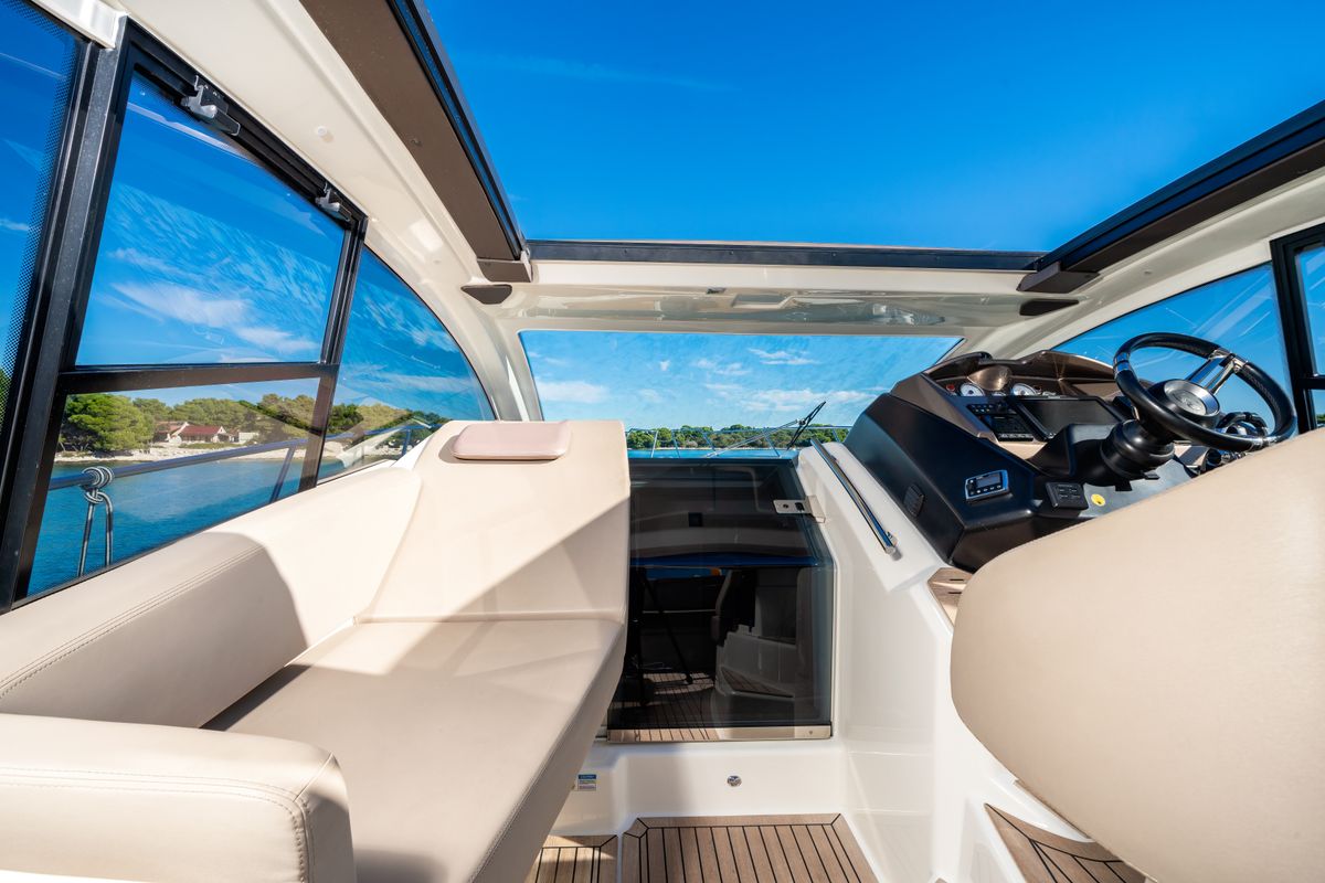 Cockpit of Principote, a Cranchi M44 HT motorboat at Grad Kaštela, Croatia
