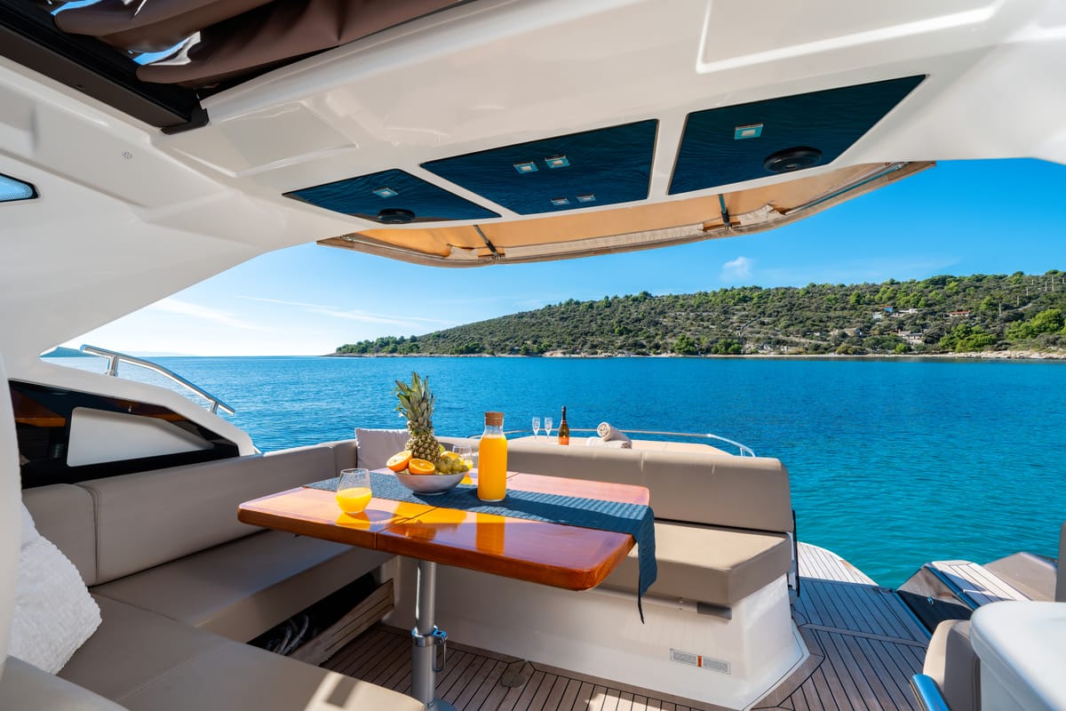 Deck of Principote, a Cranchi M44 HT motorboat at Grad Kaštela, Croatia