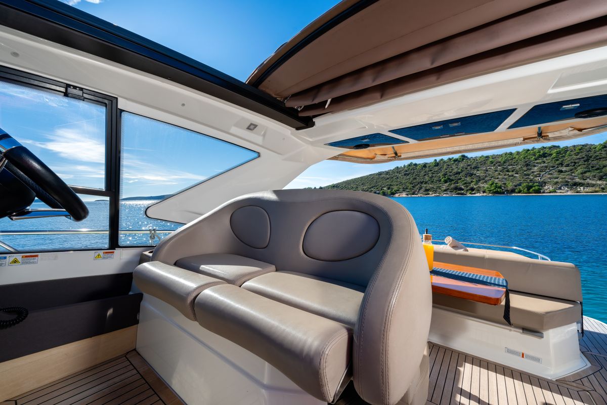 Cockpit of Principote, a Cranchi M44 HT motorboat at Grad Kaštela, Croatia
