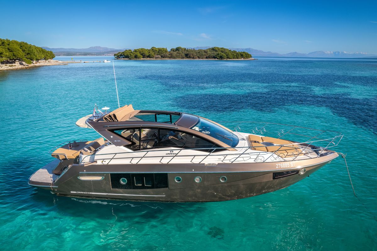 Exterior view of Principote, a Cranchi M44 HT motorboat at Grad Kaštela, Croatia