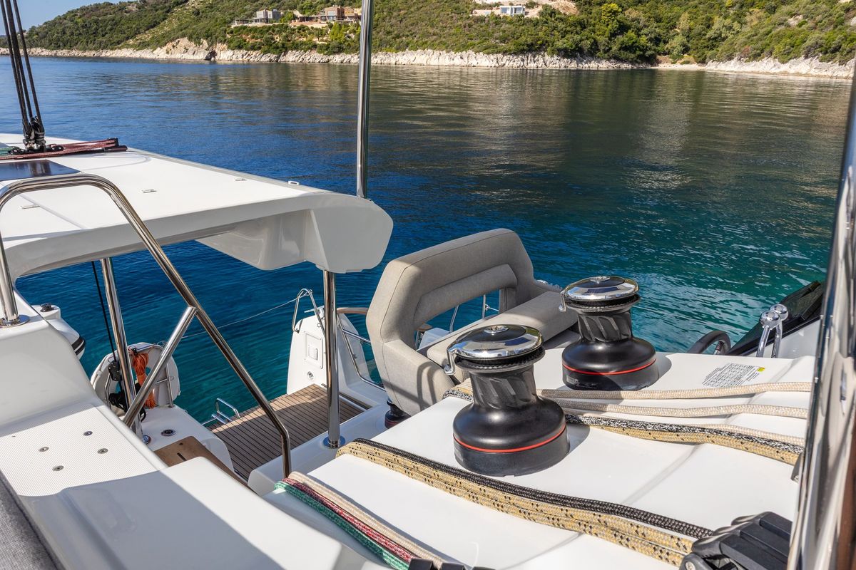 Cockpit of NEMI, a Lagoon 43 catamaran at Municipal Unit of Lefkada, Greece