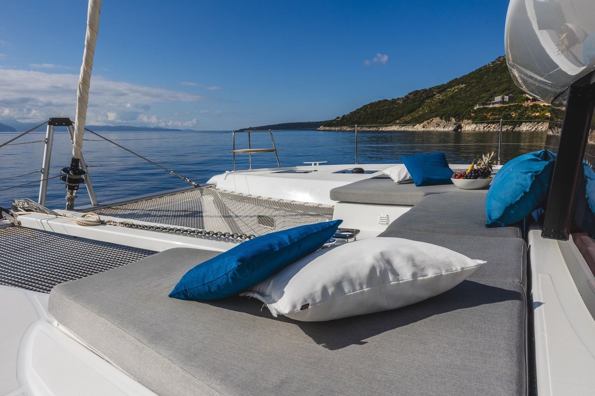 Deck of NEMI, a Lagoon 43 catamaran at Municipal Unit of Lefkada, Greece