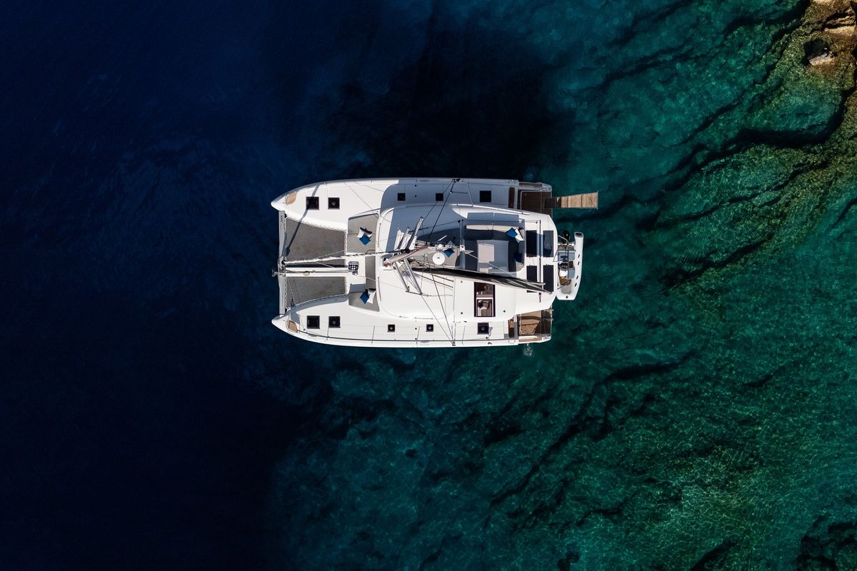 Exterior view of NEMI, a Lagoon 43 catamaran at Municipal Unit of Lefkada, Greece