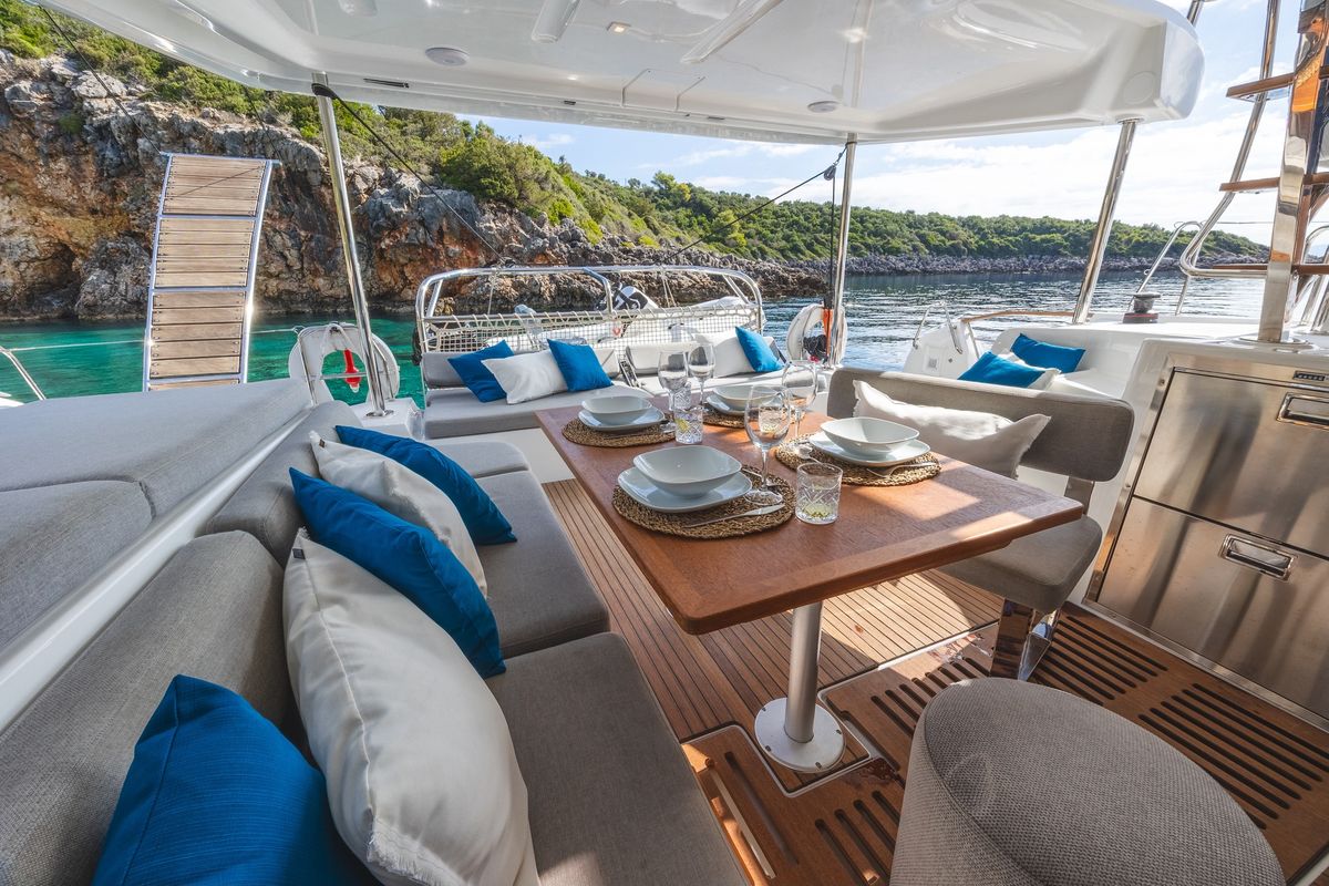 Deck of NEMI, a Lagoon 43 catamaran at Municipal Unit of Lefkada, Greece