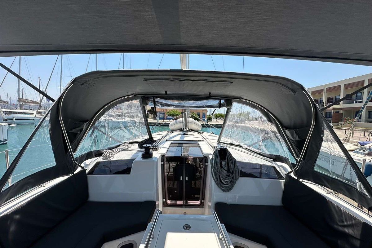 Cockpit of Monterey, a Beneteau Oceanis 40.1 sailboat at Municipal Unit of Lefkada, Greece