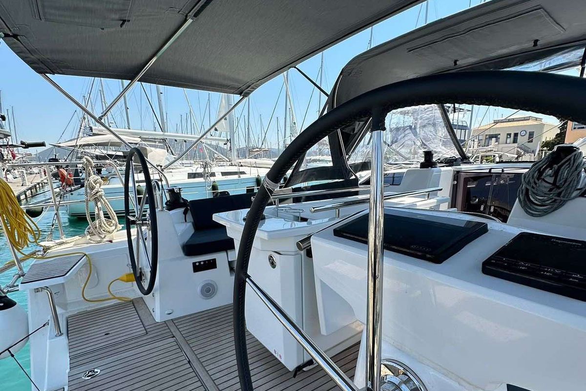 Cockpit of Monterey, a Beneteau Oceanis 40.1 sailboat at Municipal Unit of Lefkada, Greece