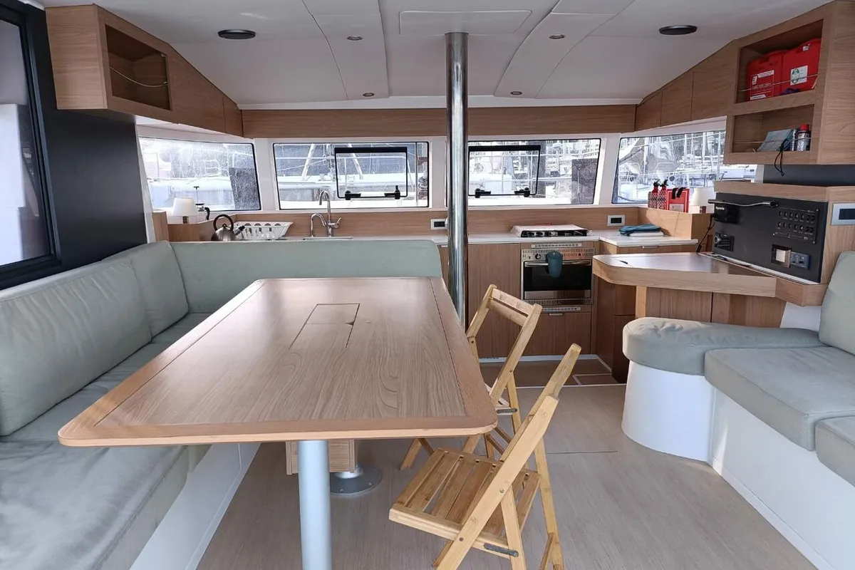 Salon of Poucette, a Bali Catsmart catamaran at Le Marin, France
