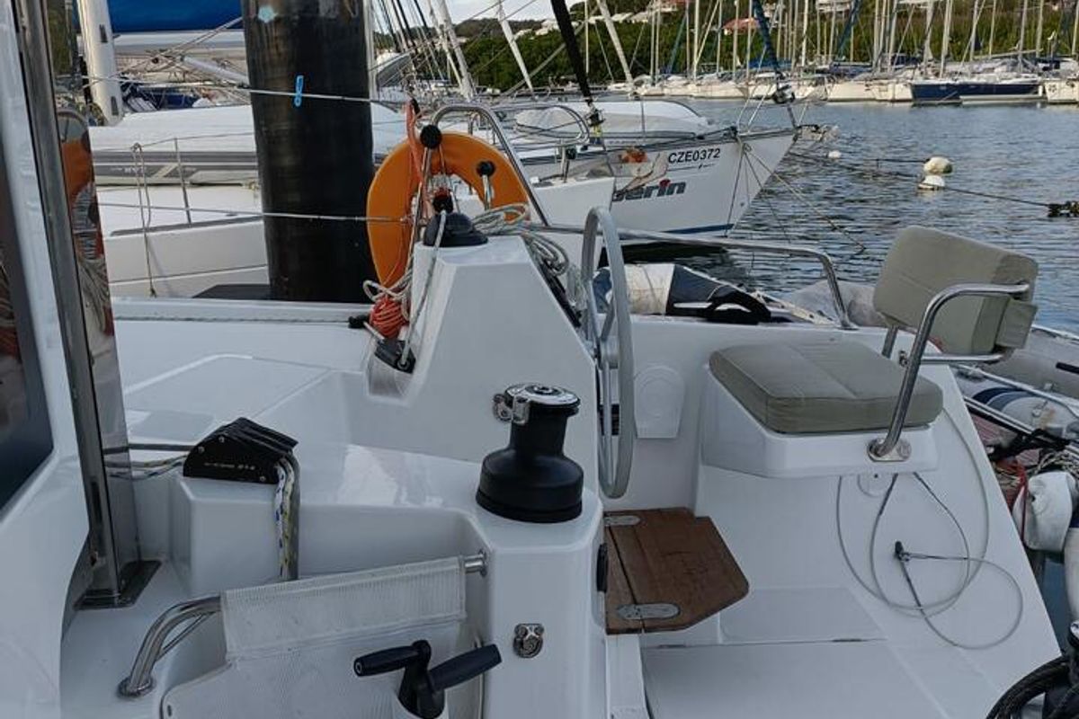 Cockpit of Poucette, a Bali Catsmart catamaran at Le Marin, France