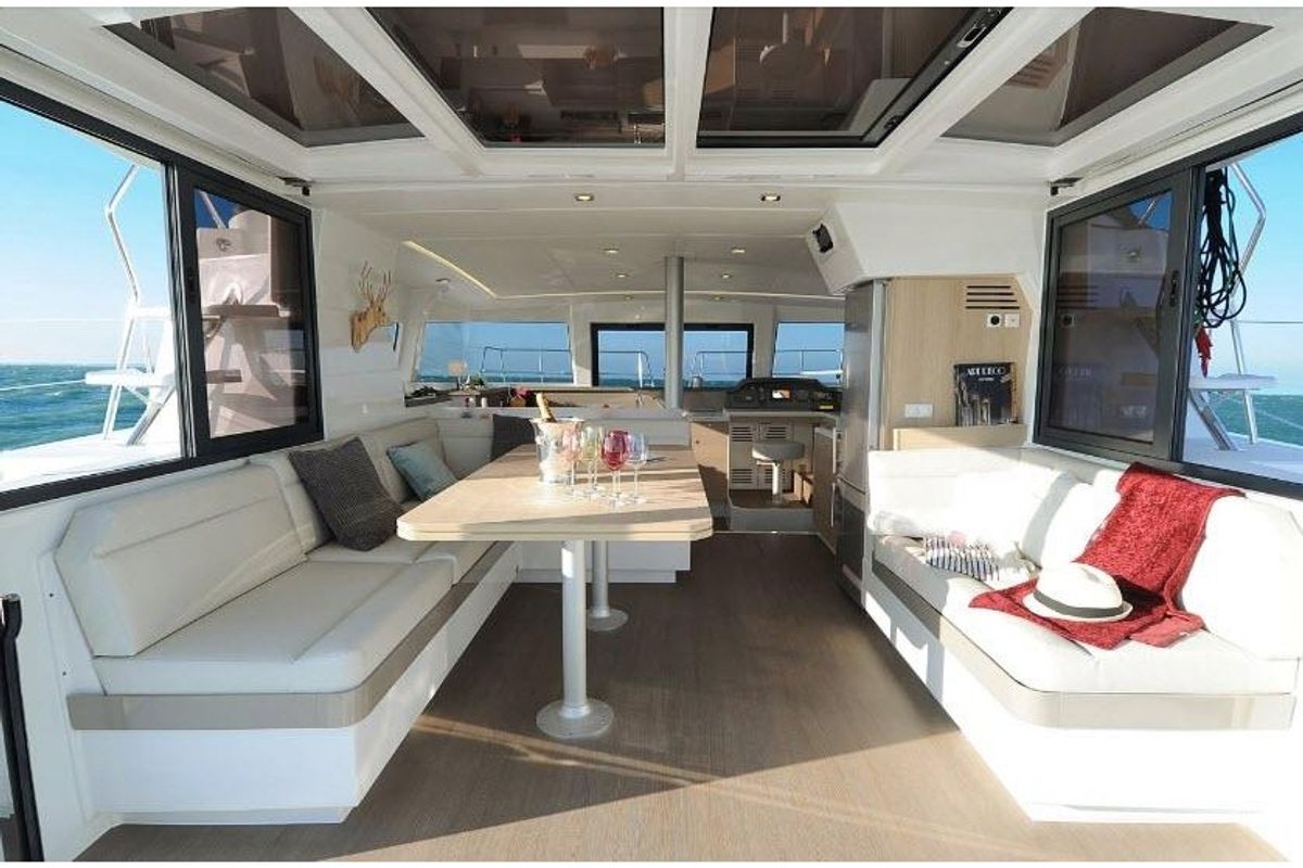 Salon of Grampis, a Bali 4.1 catamaran at Marmaris, Turkey