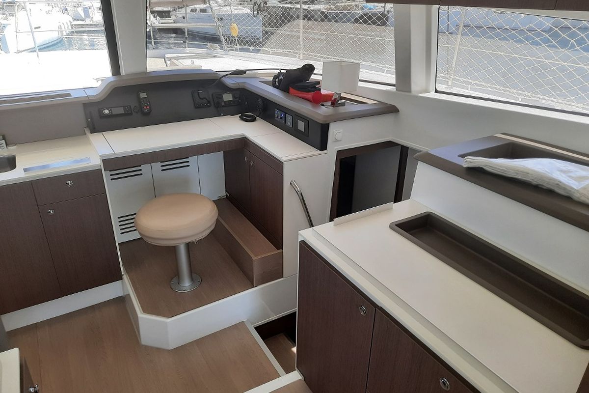 Cockpit of Grampis, a Bali 4.1 catamaran at Marmaris, Turkey