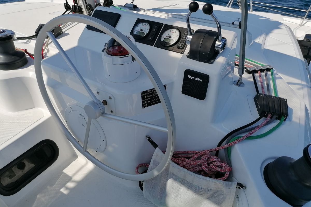 Cockpit of Sunny, a Bali Catspace catamaran at Municipal Unit of Lefkada, Greece
