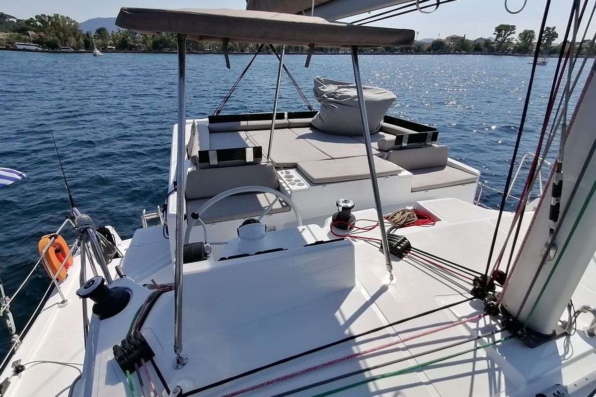Cockpit of Sunny, a Bali Catspace catamaran at Municipal Unit of Lefkada, Greece