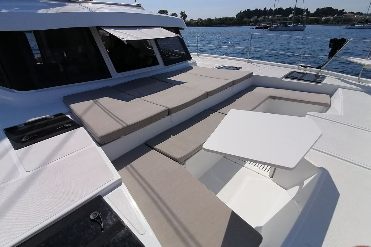 Deck of Sunny, a Bali Catspace catamaran at Municipal Unit of Lefkada, Greece