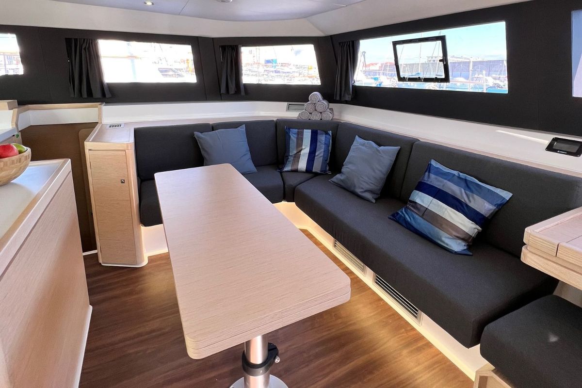 Salon of Stella, a Dufour 48 Catamaran catamaran at Olbia, Italy