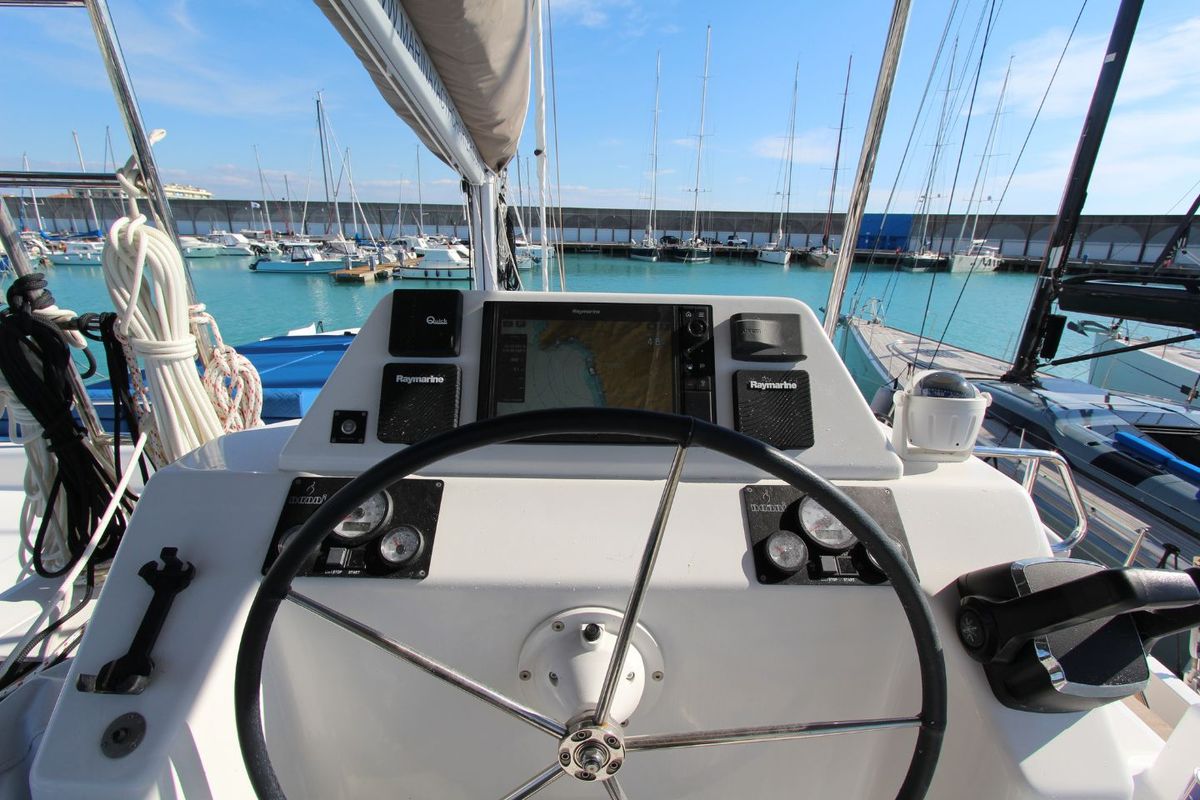Cockpit of Stella, a Dufour 48 Catamaran catamaran at Olbia, Italy