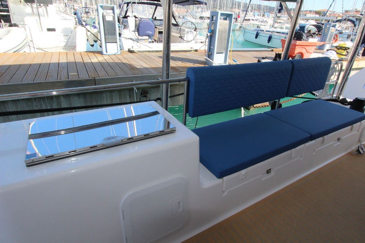 Deck of Stella, a Dufour 48 Catamaran catamaran at Olbia, Italy