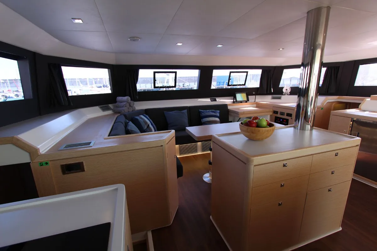 Cockpit of Stella, a Dufour 48 Catamaran catamaran at Olbia, Italy