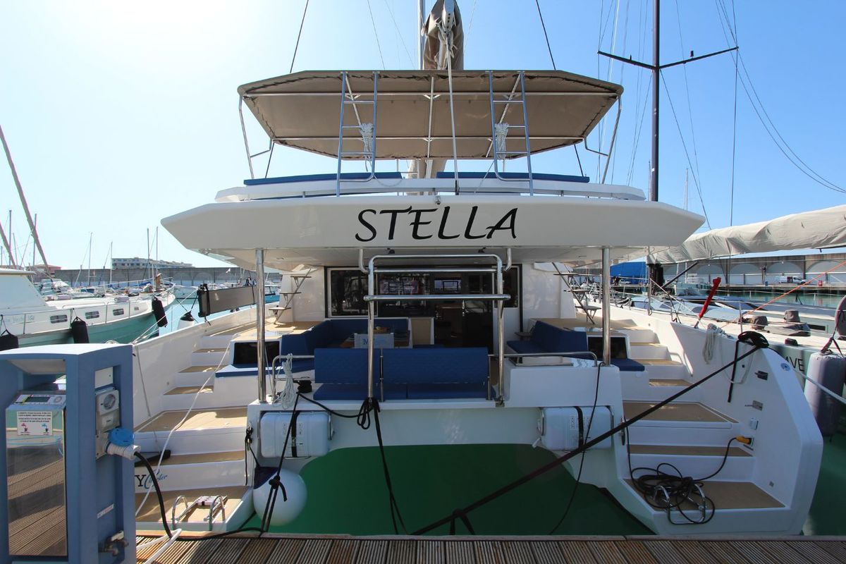 Exterior view of Stella, a Dufour 48 Catamaran catamaran at Olbia, Italy