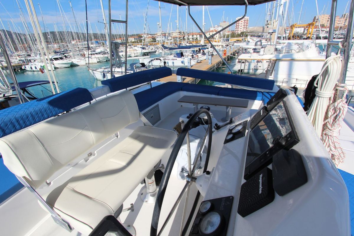 Deck of Stella, a Dufour 48 Catamaran catamaran at Olbia, Italy