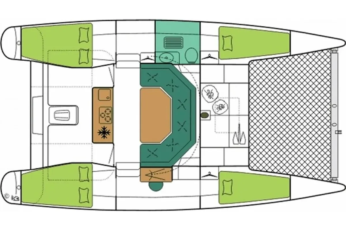 Floor plan of Smiley, a Fountaine Pajot Maldives 32 catamaran at Port Navalo, France